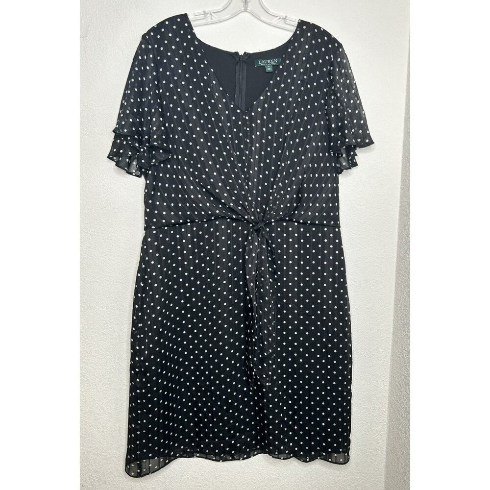 Lauren Ralph Lauren Dress Womens 14 Black White Polka Dot Short Sleeve Knot Midi